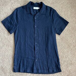 Onia 100% Linen Navy Blue Short Sleeve ButtonUp Classic Vacation Mens Size Small